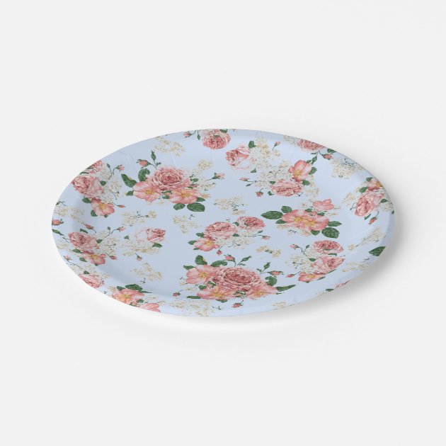 Pink and Cream on Blue Vintage Floral Paper Plates Zazzle