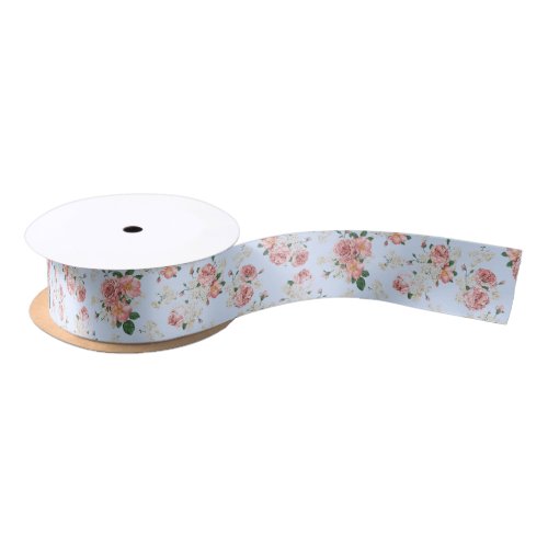 Pink and Cream on Blue Vintage Floral    Satin Ribbon