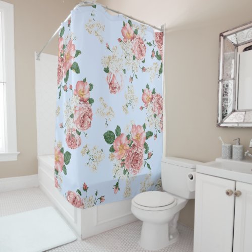 Pink and Cream on Blue Vintage Floral   