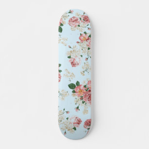 Pink and Cream on Blue Vintage Floral Skateboard