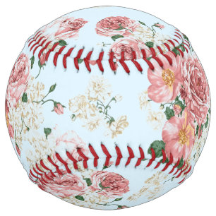 Pink and Cream on Blue Vintage Floral Softball