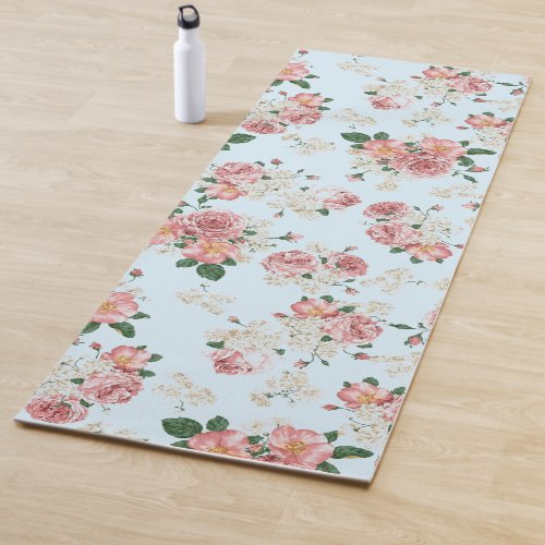 Pink and Cream on Blue Vintage Floral    Yoga Mat