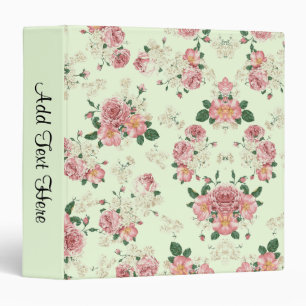 Pink and Cream on Green Vintage Floral 3 Ring Binder