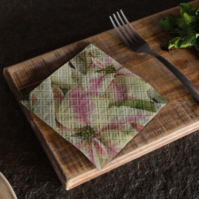 Pink and Cream Poinsettias Floral Napkins (In Situ Angled)