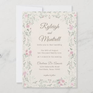 Pink and Cream Rose and Greenery Modern Elegant Invitation