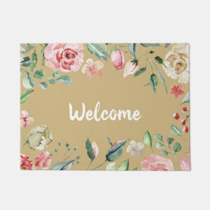 Pink and Cream Rose Floral Watercolor Doormat