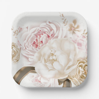 Pink and Cream Rose Peony Wedding Paper Plates