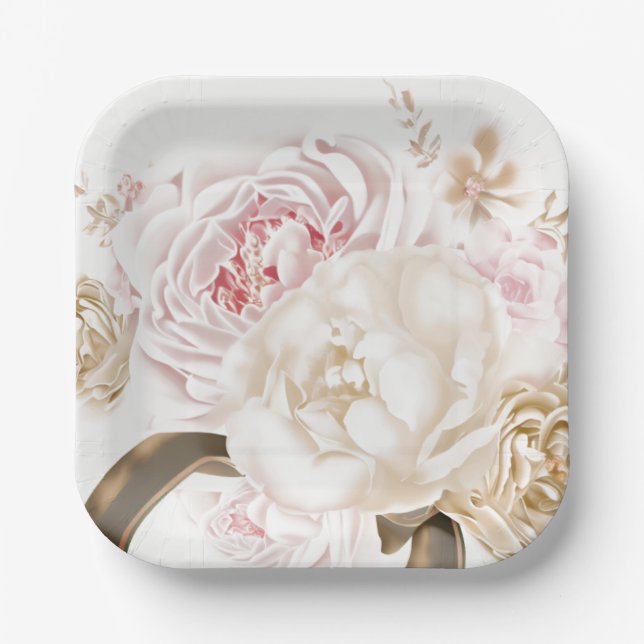 Pink and Cream Rose Peony Wedding  Paper Plates (Front)