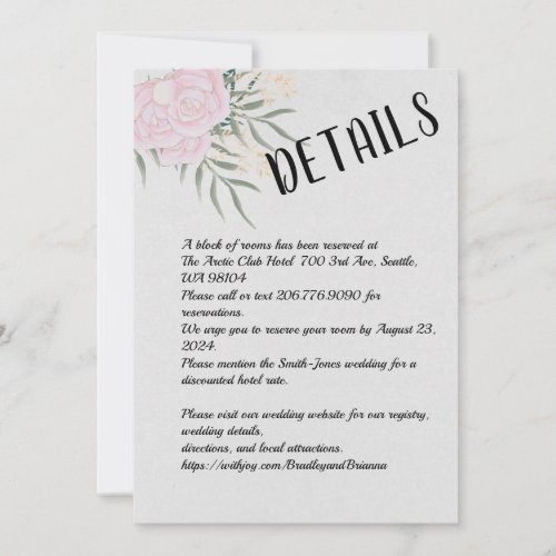 Pink and Cream Roses on Gray 1 Wedding Details Invitation