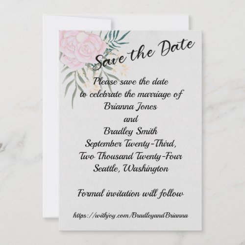 Pink and Cream Roses on Gray Save the Date Invitation