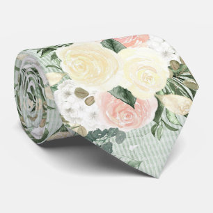 Pink  And Cream Roses On Green Neck Tie
