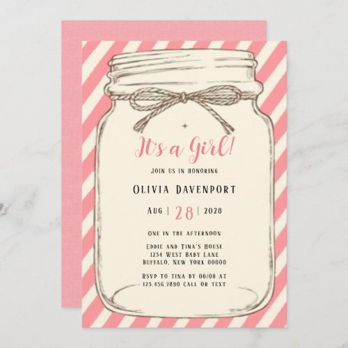 Pink and Cream Stripes Mason Jar Girl Baby Shower  Invitation