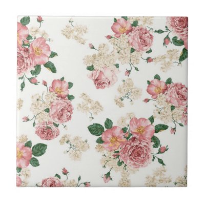 Pink and Cream Vintage Floral  Ceramic Tile