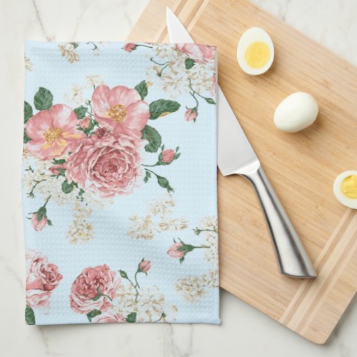 Pink and Cream Vintage Floral on Blue Kitchen Towel