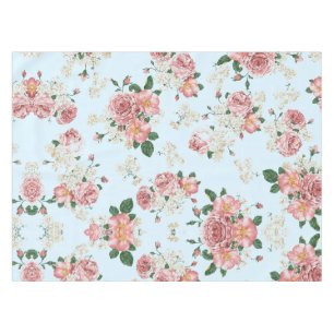 Pink and Cream Vintage Floral on Blue Tablecloth