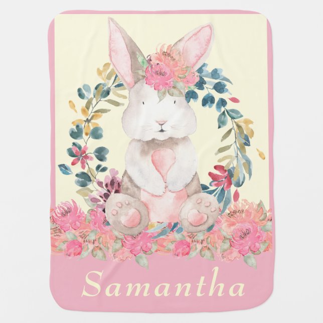 Pink and Cream Watercolor Floral Bunny Baby Blanket (Front)