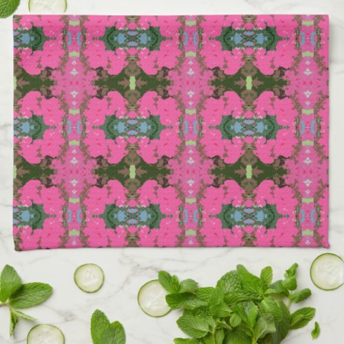 Pink and Dark Green Abstract Floral Pattern Kitchen Towel