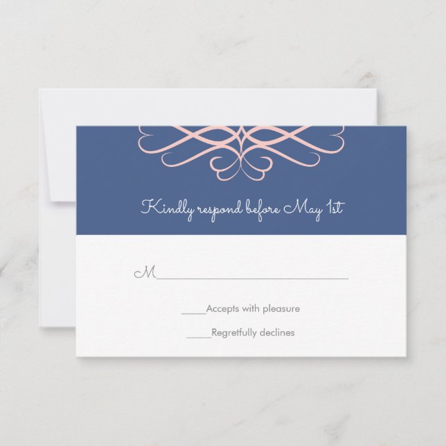 Pink and Denim Blue, Elegant Flourishes Wedding RSVP Card (Front)