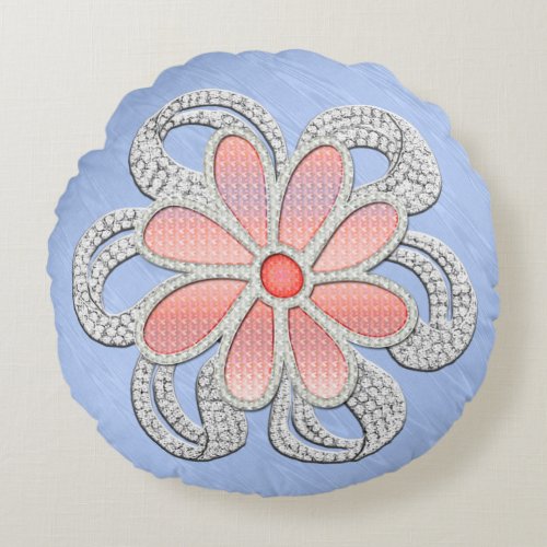Pink and Diamond Jeweled Flower on Blue Moir Round Pillow