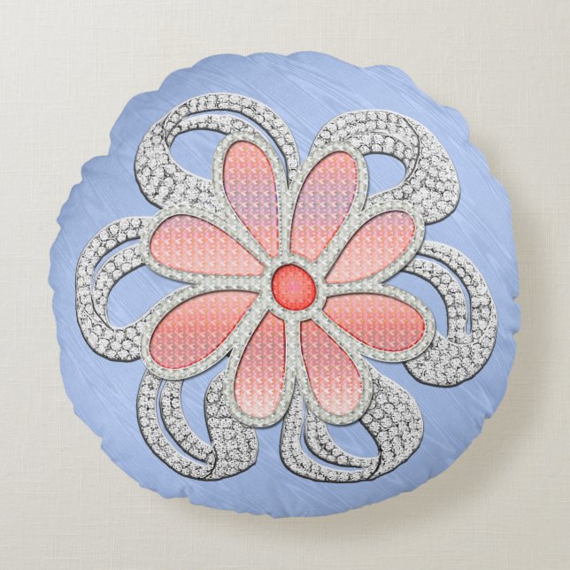 Pink and Diamond Jeweled Flower on Blue Moiré Round Pillow (Front)