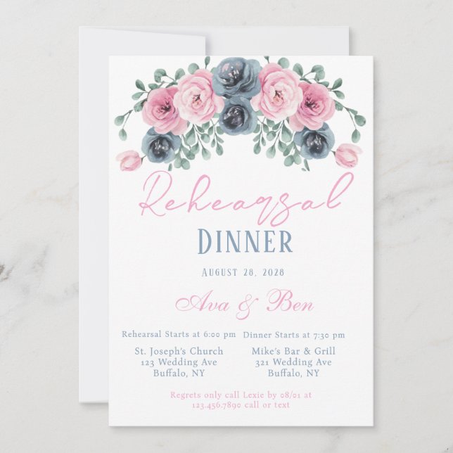 Pink and Dusty Blue Blooms Rehearsal Dinner Invitation (Front)
