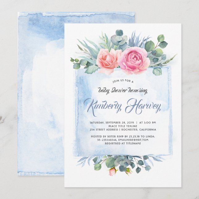 Pink and Dusty Blue Floral Baby Shower Invitation (Front/Back)