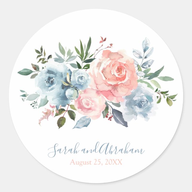 Pink and Dusty Blue Floral Roses Wedding Circle Classic Round Sticker (Front)