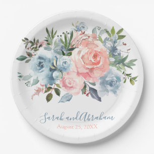 Pink and Dusty Blue Floral Roses Wedding Paper Plates