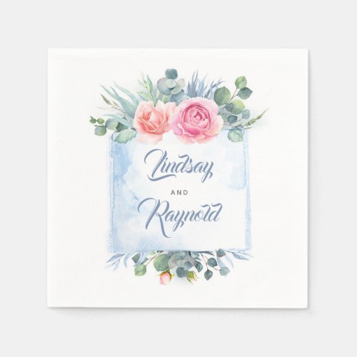 Pink and Dusty Blue Floral Watercolor Napkins