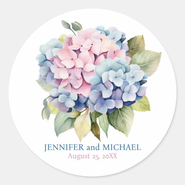 Pink and Dusty Blue Hydrangeas Wedding Circle Classic Round Sticker (Front)