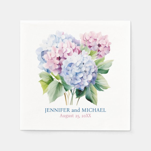 Pink and Dusty Blue Hydrangeas Wedding Napkins (Front)