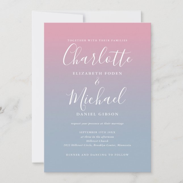 Pink And Dusty Blue Ombre All In One Wedding Invitation (Front)