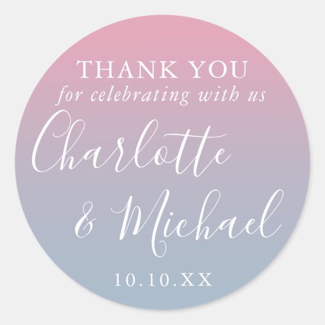 Pink And Dusty Blue Ombre Wedding Favor Thank You Classic Round Sticker (Front)