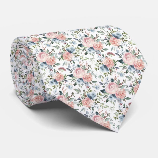 Pink and Dusty Blue Roses Neck Tie (Rolled)