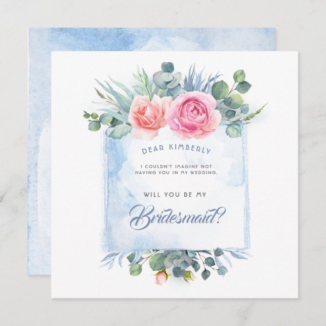 Pink and Dusty Blue Will You Be My Bridesmaid Invitation (Front/Back)