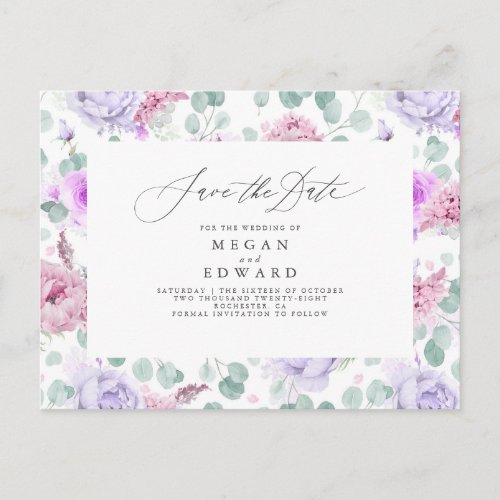 Pink and Dusty Purple Floral Save The Date Announcement Postcard