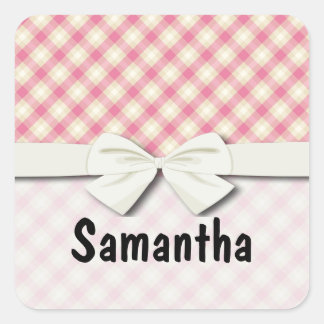 pink and ecru cream gingham plaid square sticker