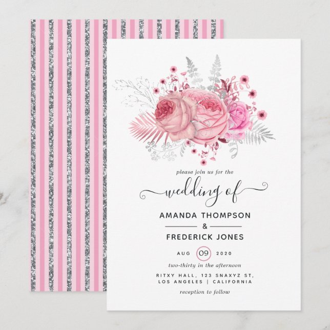 Pink and Faux Foil & Glitter Silver Floral Wedding Invitation (Front/Back)