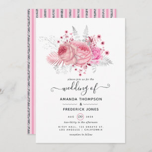 Pink and Faux Foil & Glitter Silver Floral Wedding Invitation