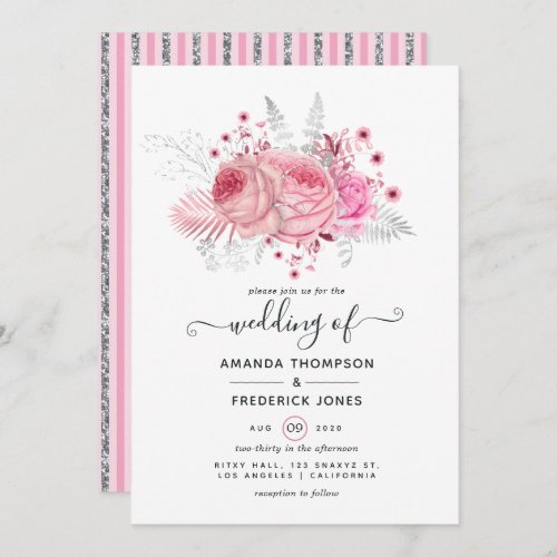 Pink and Faux Foil  Glitter Silver Floral Wedding Invitation