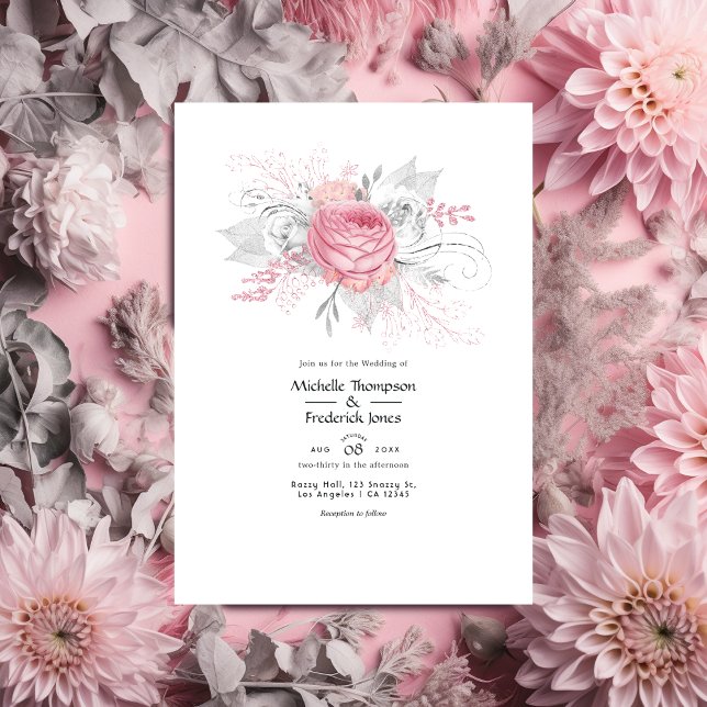 Pink and Faux Foil Silver Floral Wedding Invitation (Creator Uploaded)