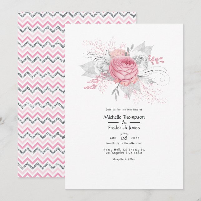Pink and Faux Foil Silver Floral Wedding Invitation (Front/Back)