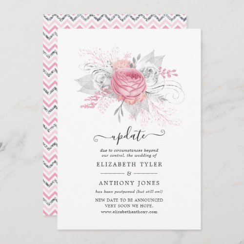 Pink and Faux Foil Silver Floral Wedding Update Invitation