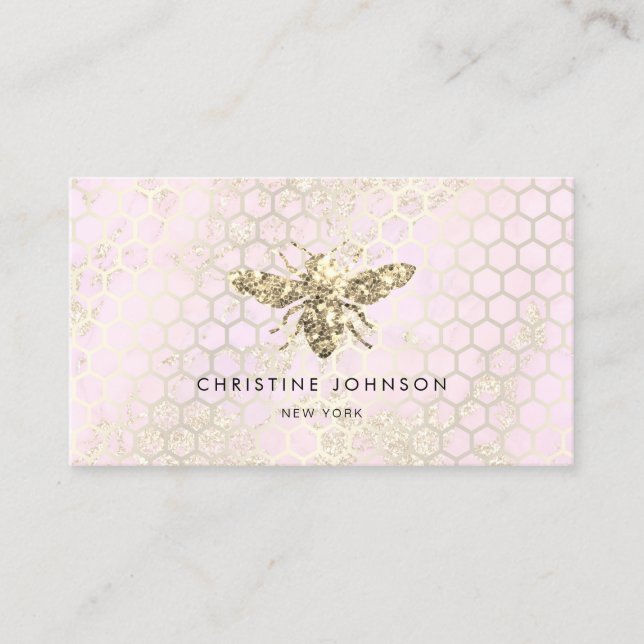 pink and faux glitter bee business card (Front)