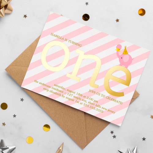 Pink and Faux Gold Foil Elephant Birthday Party In Foil Invitation