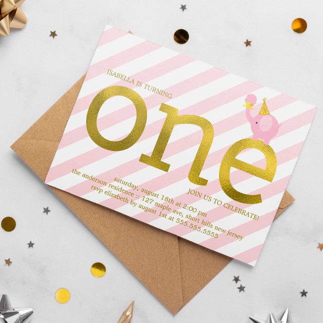 Pink and Faux Gold Foil Elephant Birthday Party Invitation (Creator Uploaded)