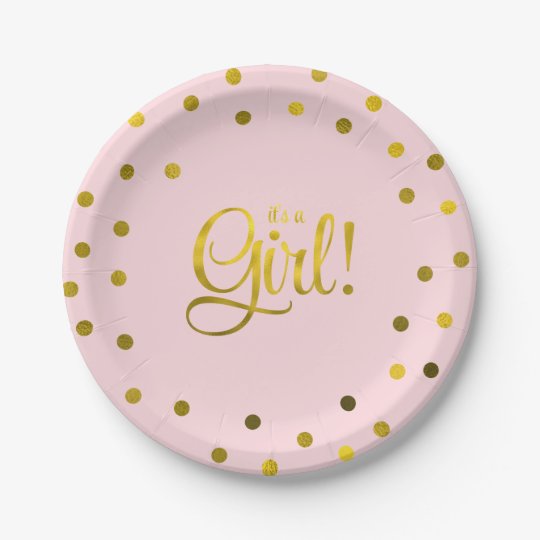 Pink and Faux Gold Foil Girl Baby Shower Paper Plate ...