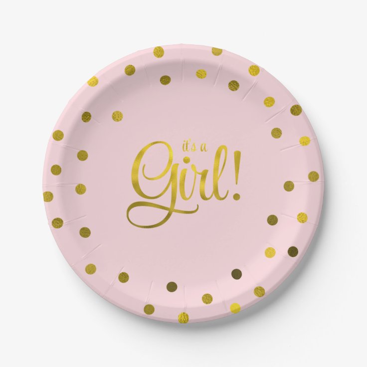 Pink and Faux Gold Foil Girl Baby Shower Paper Plates Zazzle