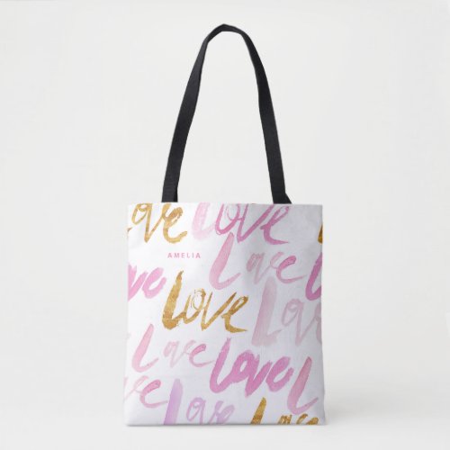 Pink and Faux Gold Foil Love Rustic Typography Tote Bag