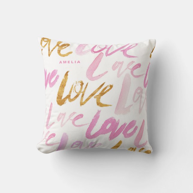 Pink and Faux Gold Foil Love Typography Custom Throw Pillow (Front)